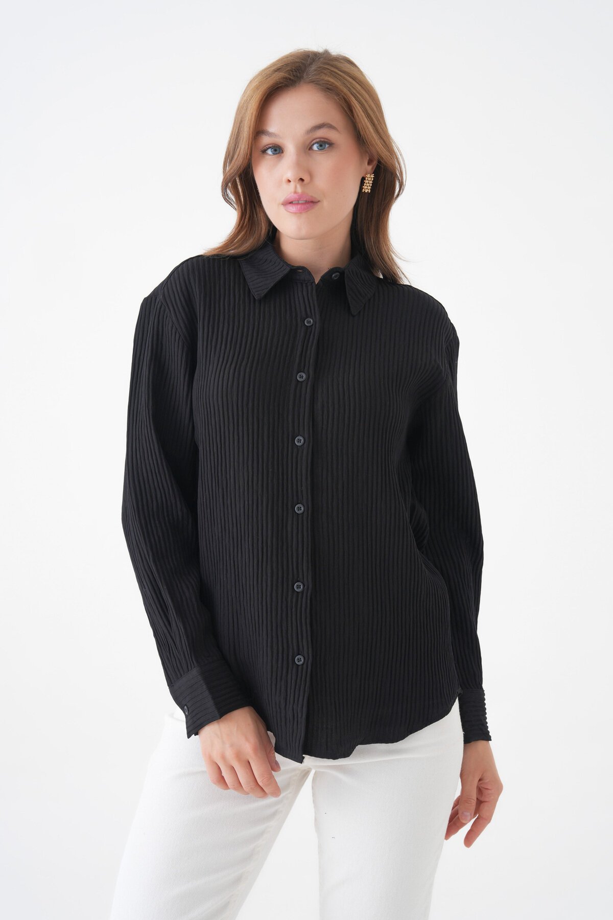 Kadın Gömlek Yaka Önü Düğmeli Düz Uzun Kol Rahat Kalıp Curve Büyük Bedeb Yazlık Gömlek