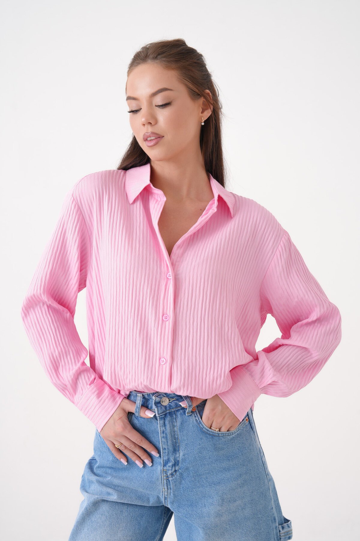 Kadın Gömlek Yaka Önü Düğmeli Düz Uzun Kol Rahat Kalıp Curve Büyük Bedeb Yazlık Gömlek