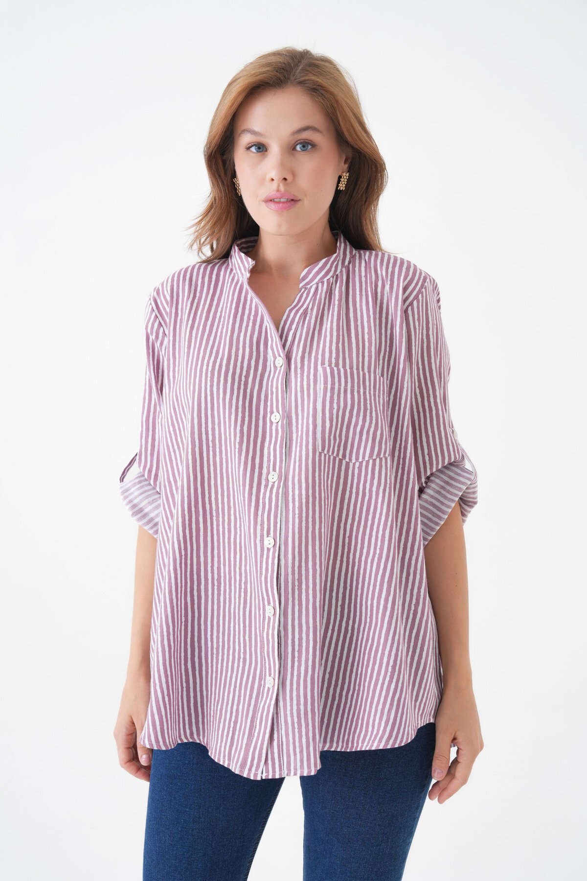 Kadın Hakim Yaka Geniş Kalıp Tesettüre Uygun Çizgili Spor Şık Curve Gömlek