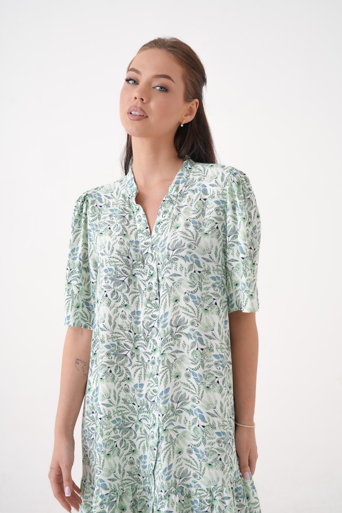 Kadın Hakim Yaka Yarım Kol Eteği Pileli Yazlık Önüi Düğmeli Gömlek Curve Elbise