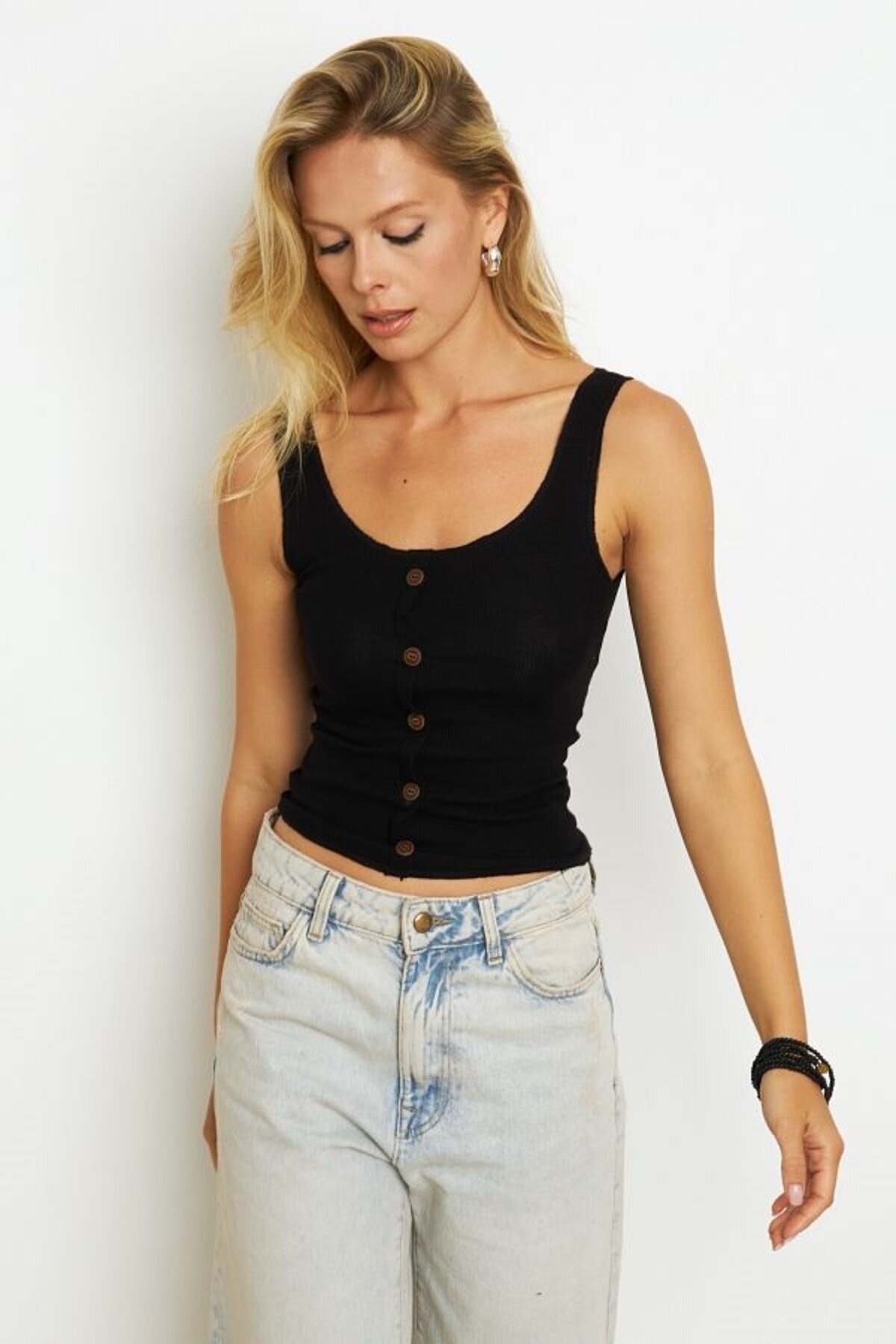 Kadın Kare Yaka Önden Düğmeli Yazlık Crop Top Bluz