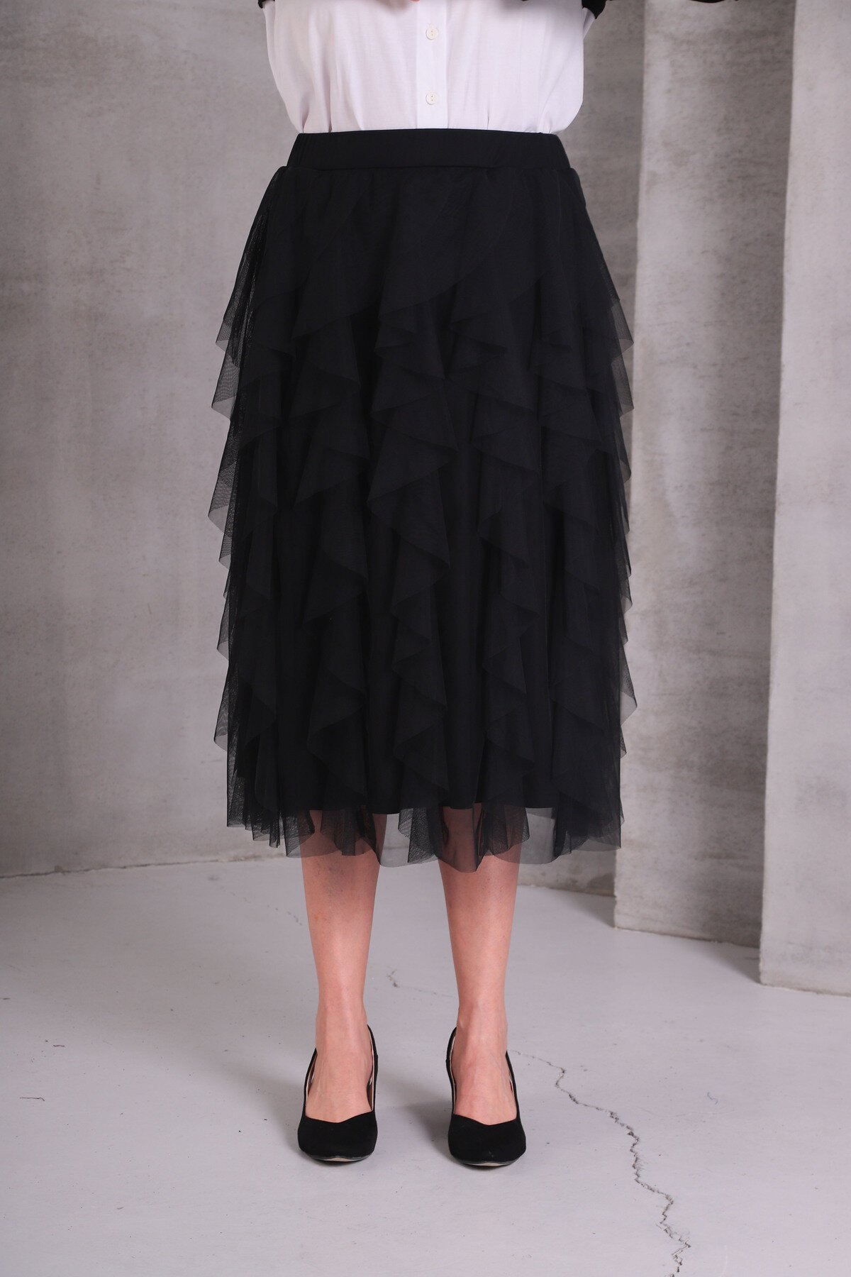 Kadın Katlı Tasarım Yüksek Bel Beli Lastikli Spor Şık Curve Büyük Beden Tül Etek