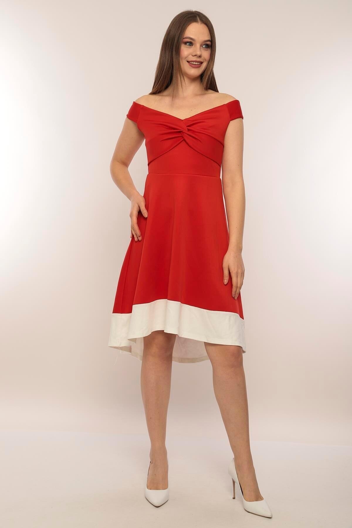 Kadın Kayık Yaka Kırmızı Volanlı Çan Kesim Şık Curve Gece Abiye/Mezuniyet Elbisesi