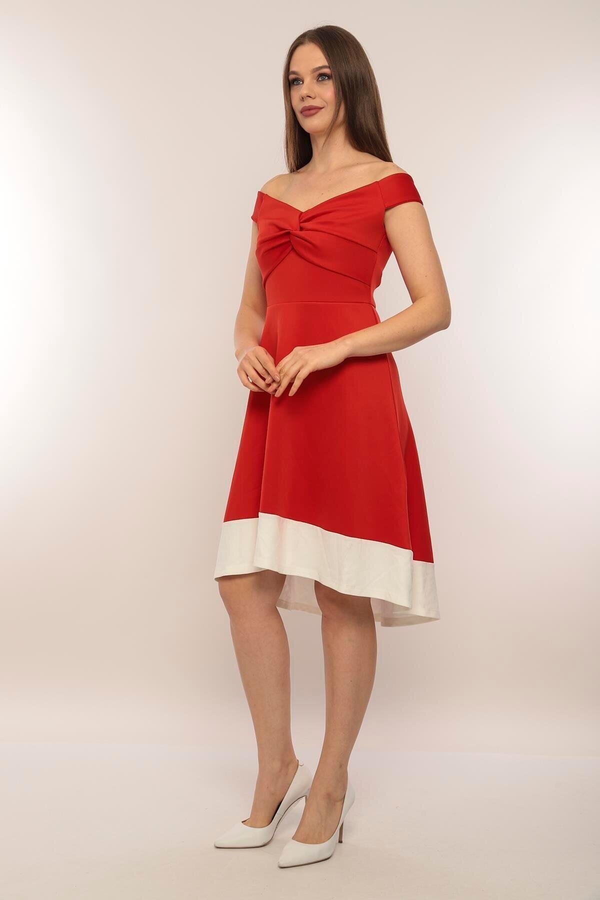 Kadın Kayık Yaka Kırmızı Volanlı Çan Kesim Şık Curve Gece Abiye/Mezuniyet Elbisesi