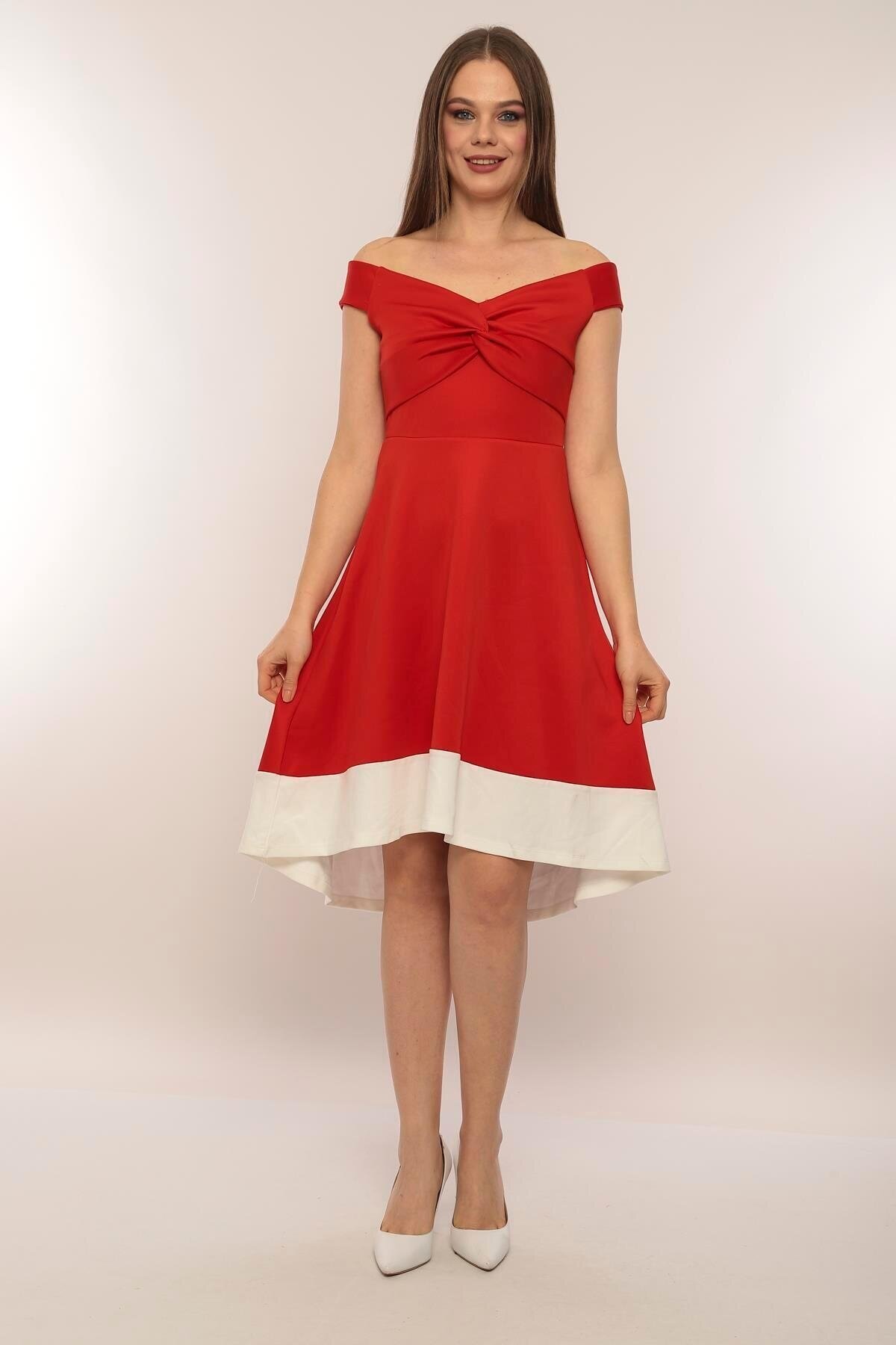 Kadın Kayık Yaka Kırmızı Volanlı Çan Kesim Şık Curve Gece Abiye/Mezuniyet Elbisesi