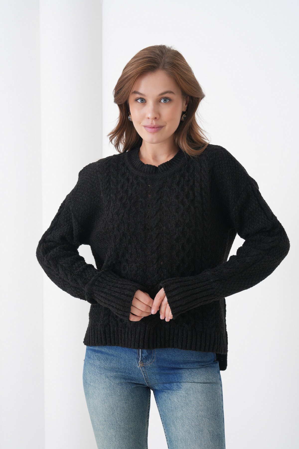 Kadın Kendinden Dokulu Uzun Kollu Bisiklet Yaka Spor Şık Kışlık Triko Kazak