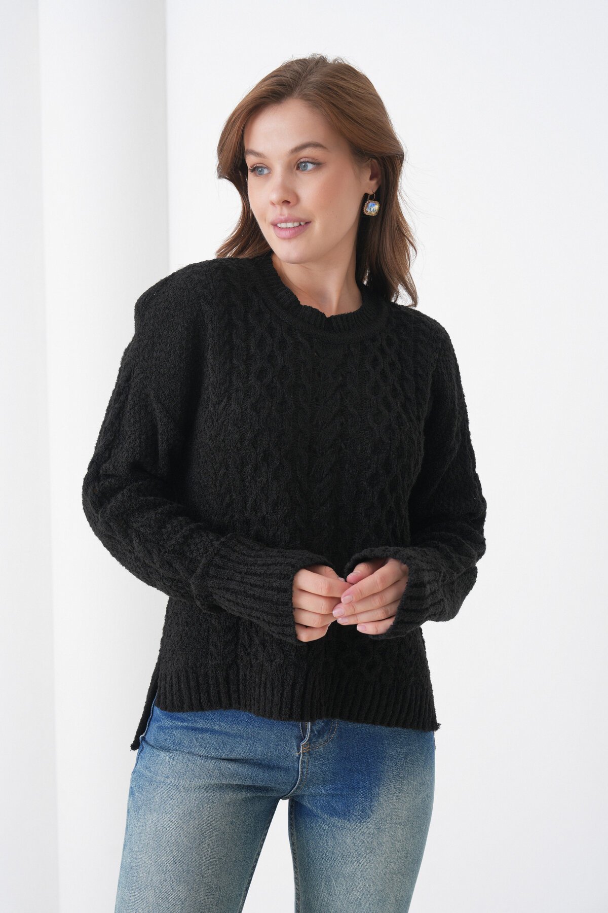 Kadın Kendinden Dokulu Uzun Kollu Bisiklet Yaka Spor Şık Kışlık Triko Kazak