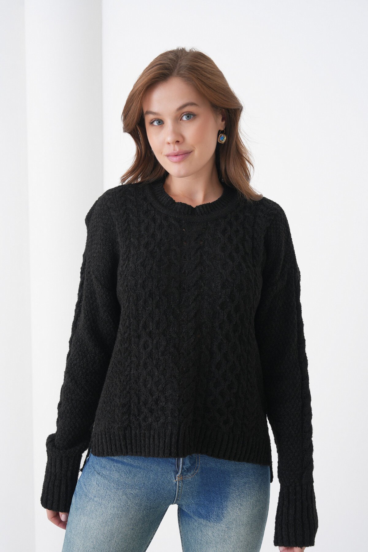 Kadın Kendinden Dokulu Uzun Kollu Bisiklet Yaka Spor Şık Kışlık Triko Kazak