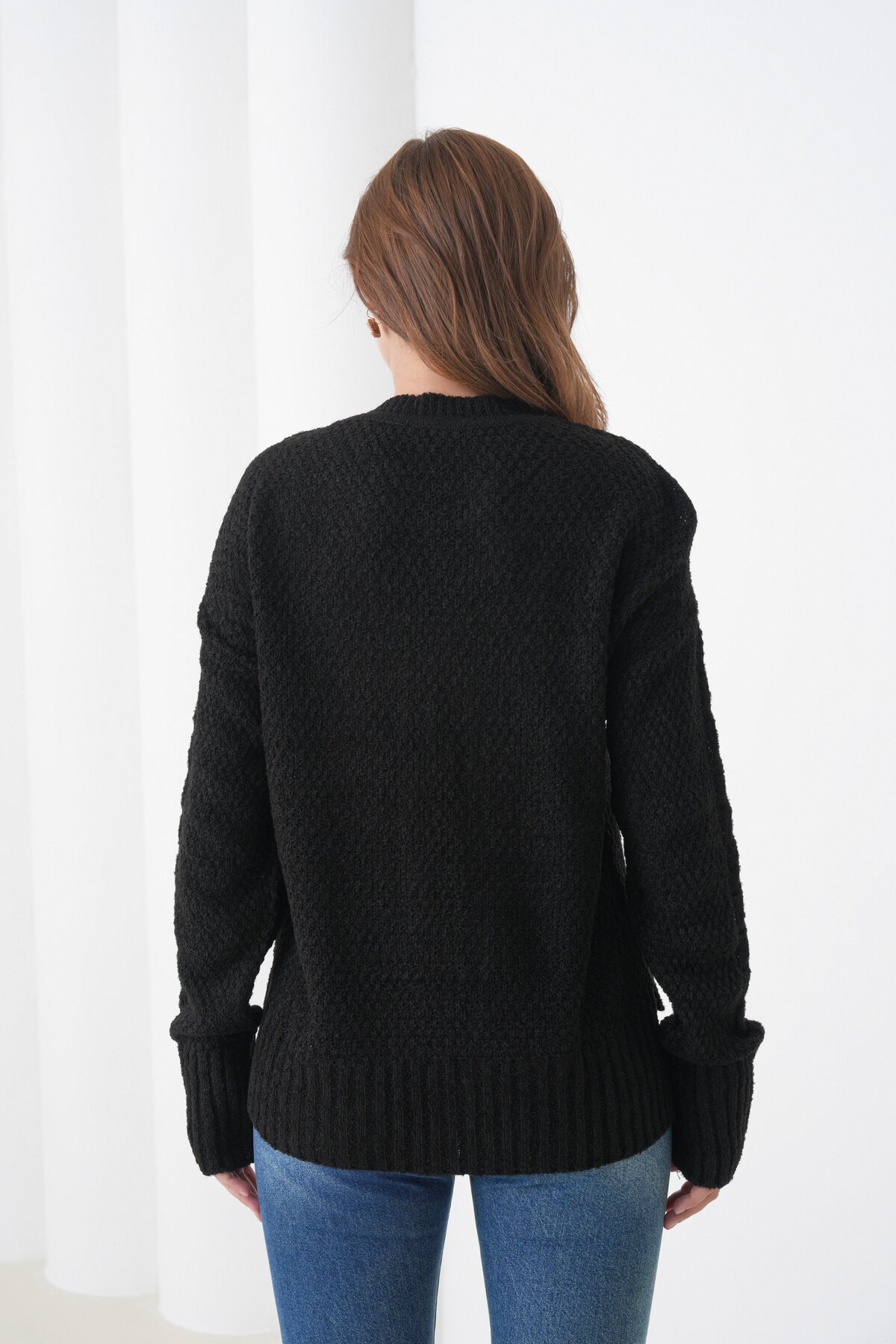 Kadın Kendinden Dokulu Uzun Kollu Bisiklet Yaka Spor Şık Kışlık Triko Kazak