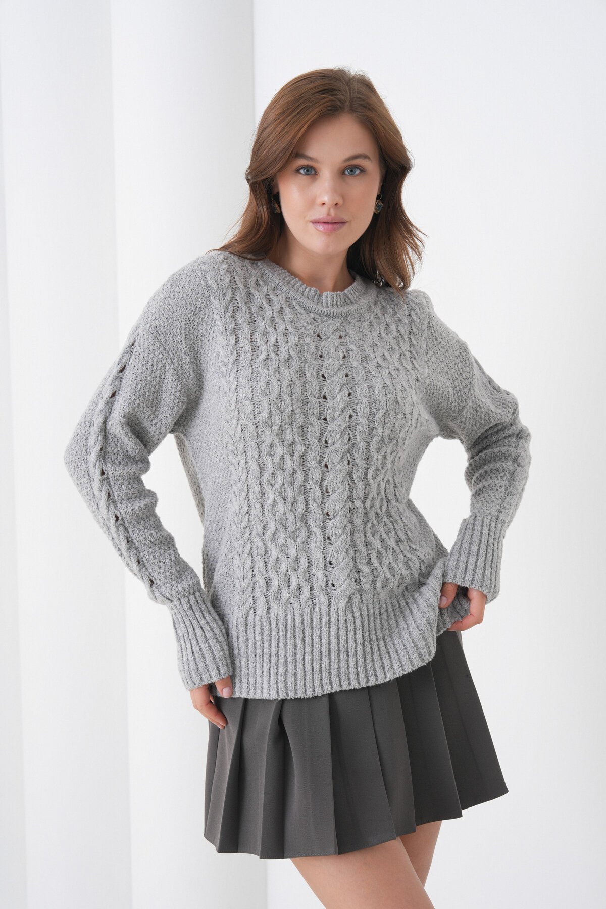 Kadın Kendinden Dokulu Uzun Kollu Bisiklet Yaka Spor Şık Kışlık Triko Kazak