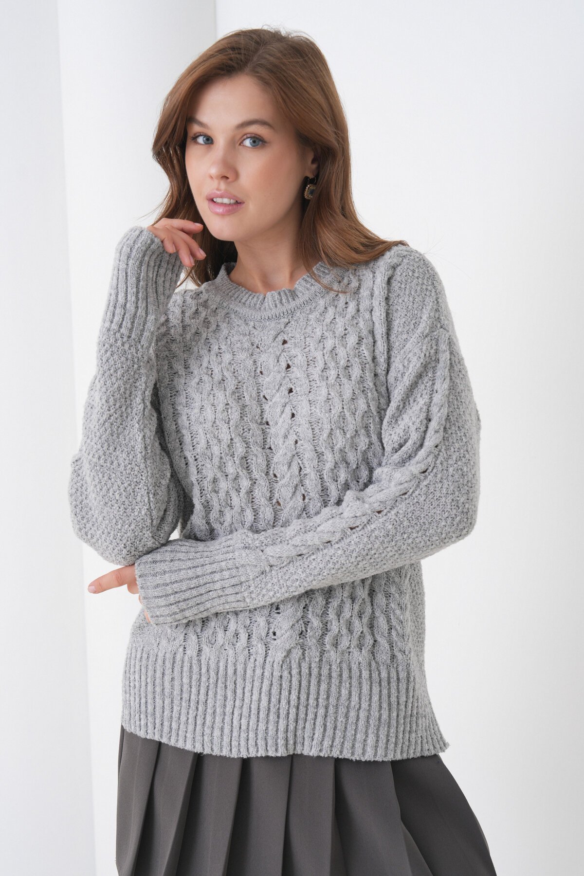 Kadın Kendinden Dokulu Uzun Kollu Bisiklet Yaka Spor Şık Kışlık Triko Kazak