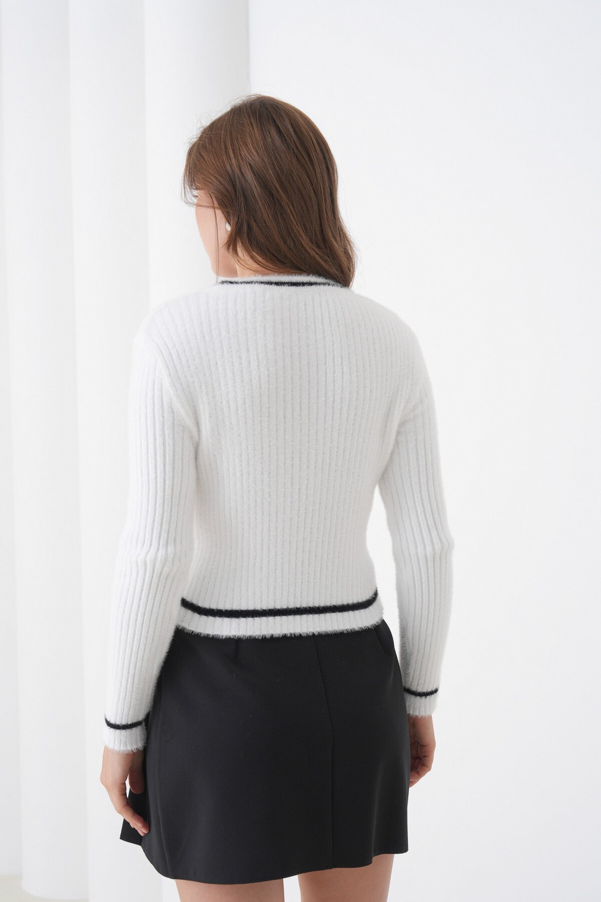 Kadın Asimetrik V Kesim Şerit Kenar Sakallı Uzun Kollu Bisiklet Yaka Spor Şık Kışlık Triko Kazak