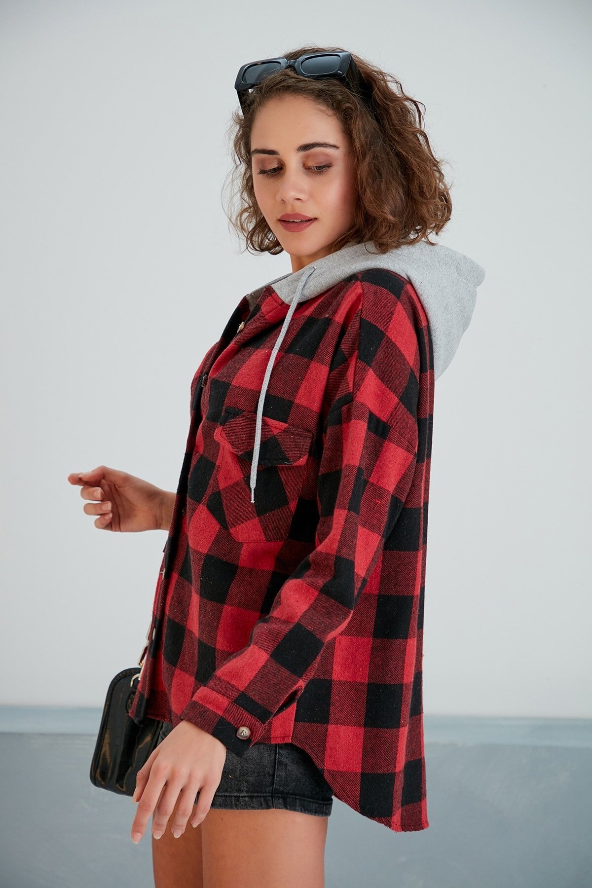 Kadın Kırmızı Siyah Oduncu Oversize Ceket Gömlek