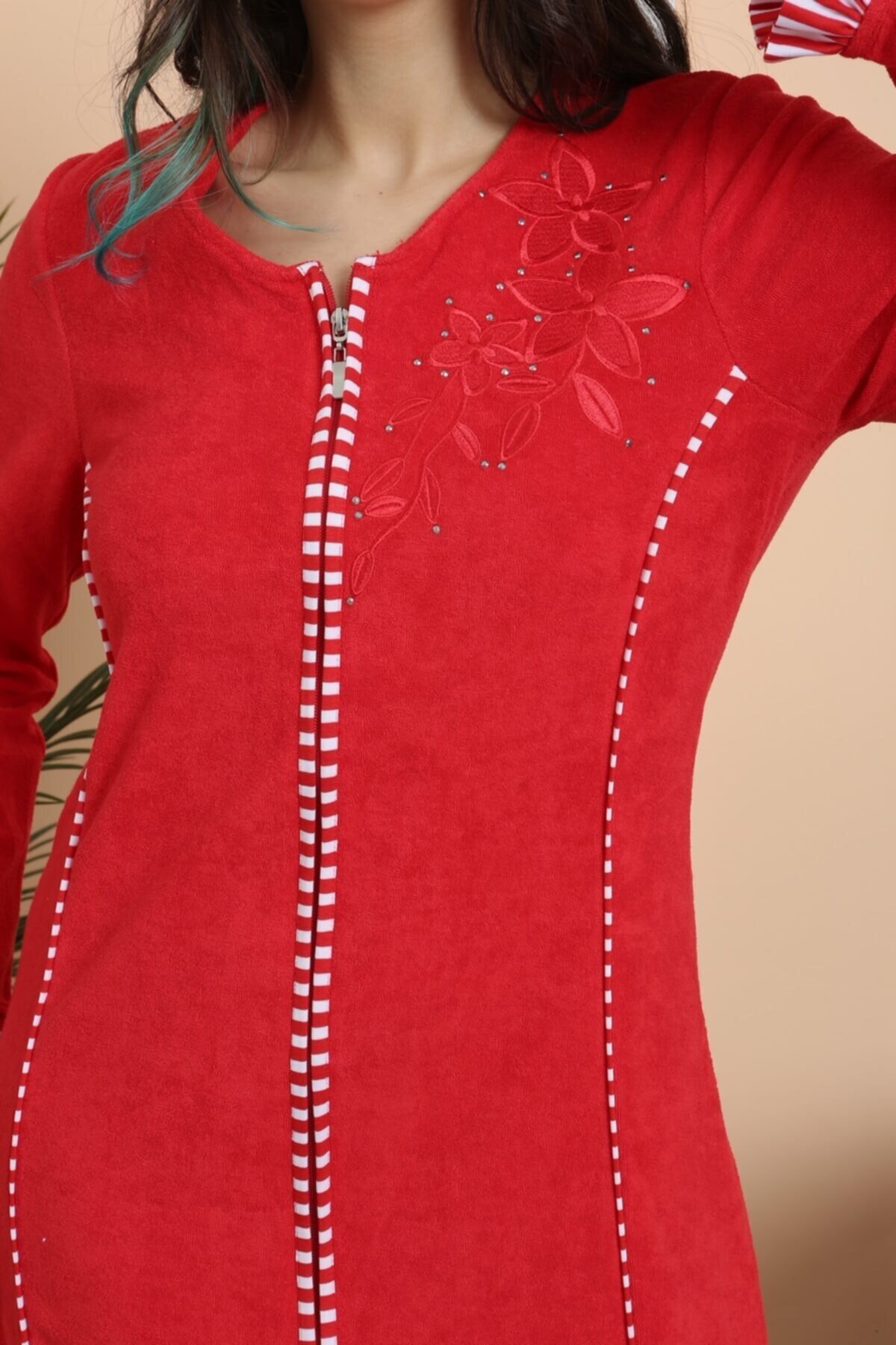 Kadın Kırmızı Uzun Kollu Fermuarlı Havlu Elbise