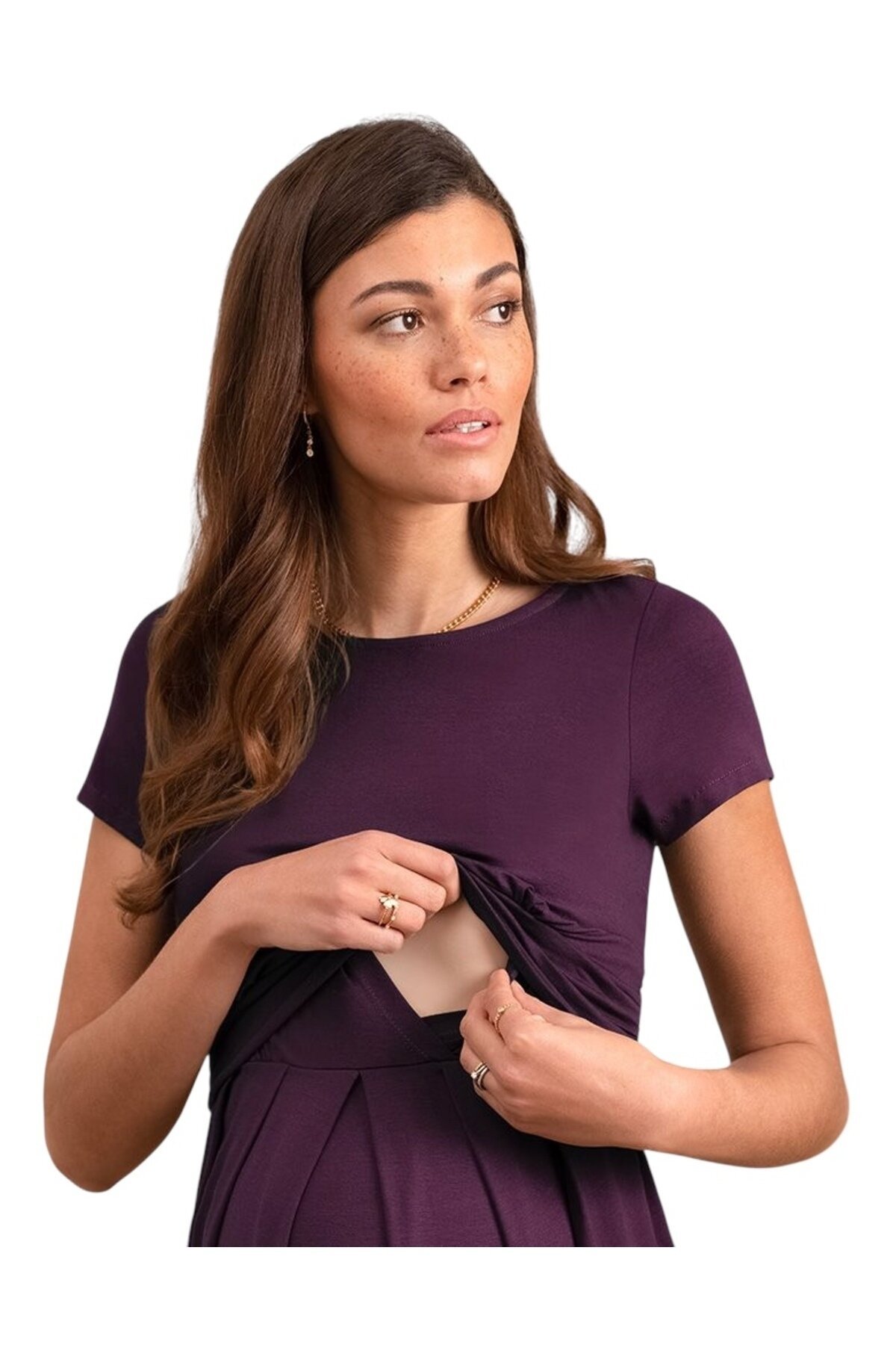 Kadın Kısa Kol Emzirme Detaylı Tesettüre Uygun Viskon Rahat Şık Midi Curve Hamile Elbisesi