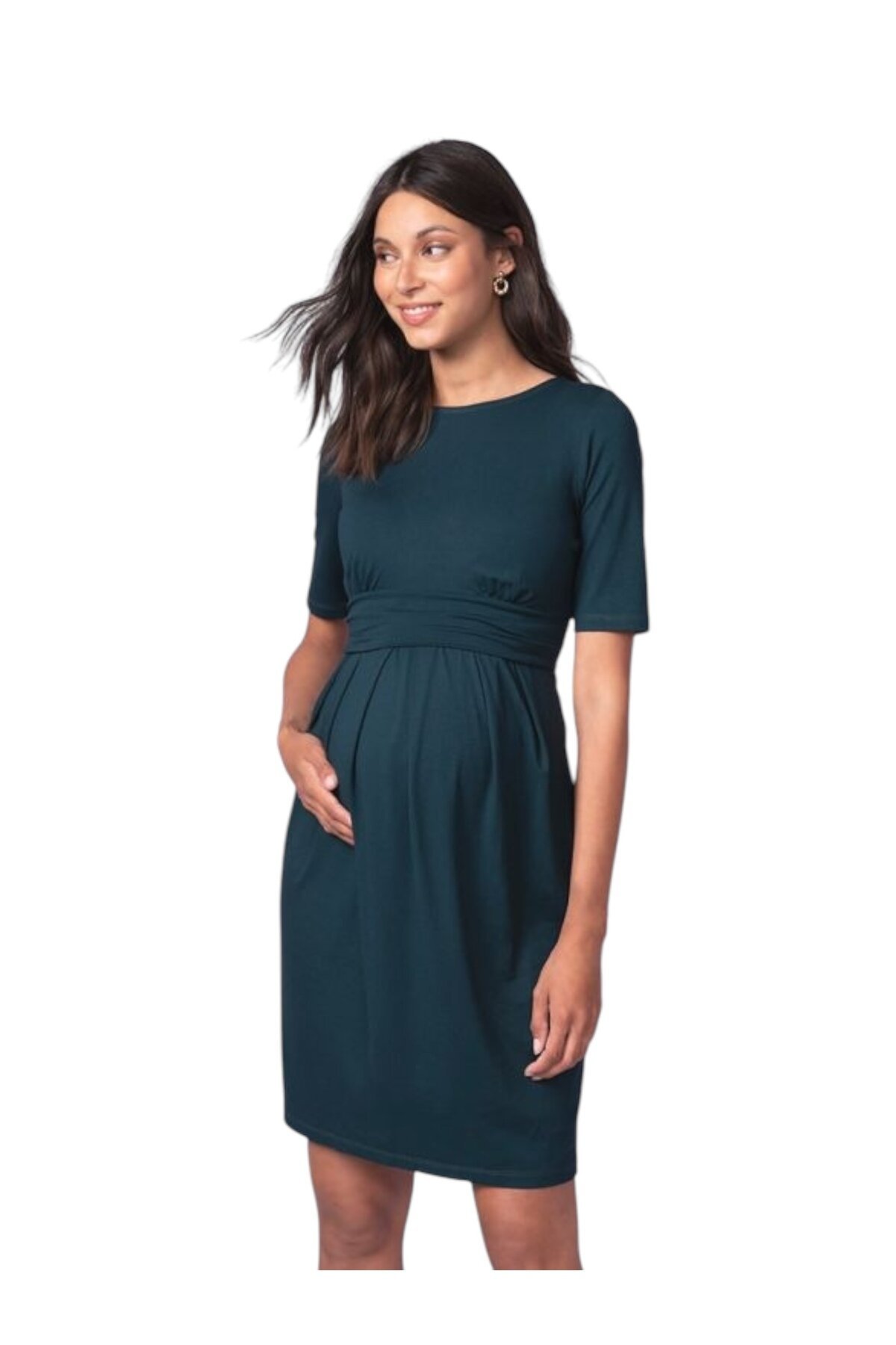 Kadın Kısa Kol Emzirme Detaylı Tesettüre Uygun Viskon Rahat Şık Midi Hamile Elbisesi