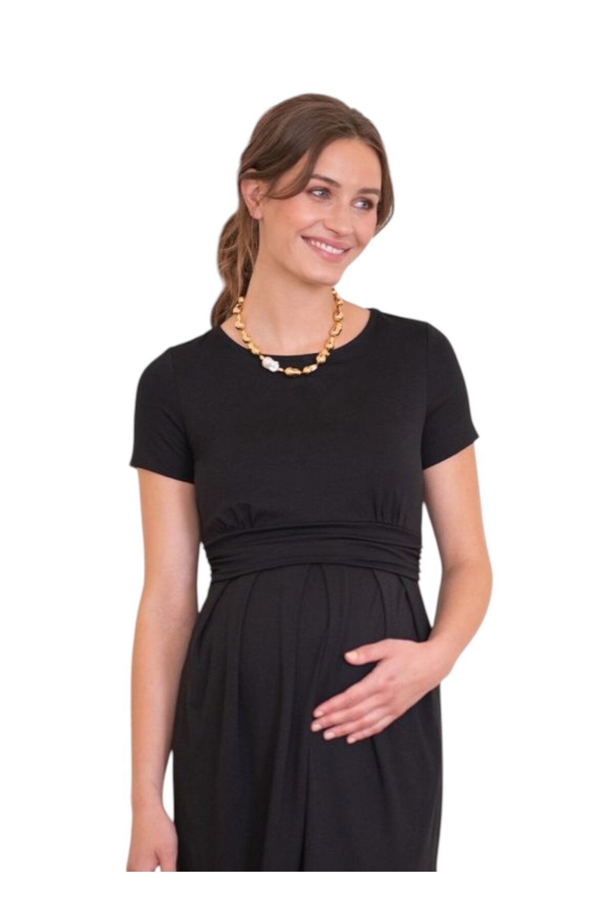 Kadın Kısa Kol Emzirme Detaylı Tesettüre Uygun Viskon Rahat Şık Midi Hamile Elbisesi