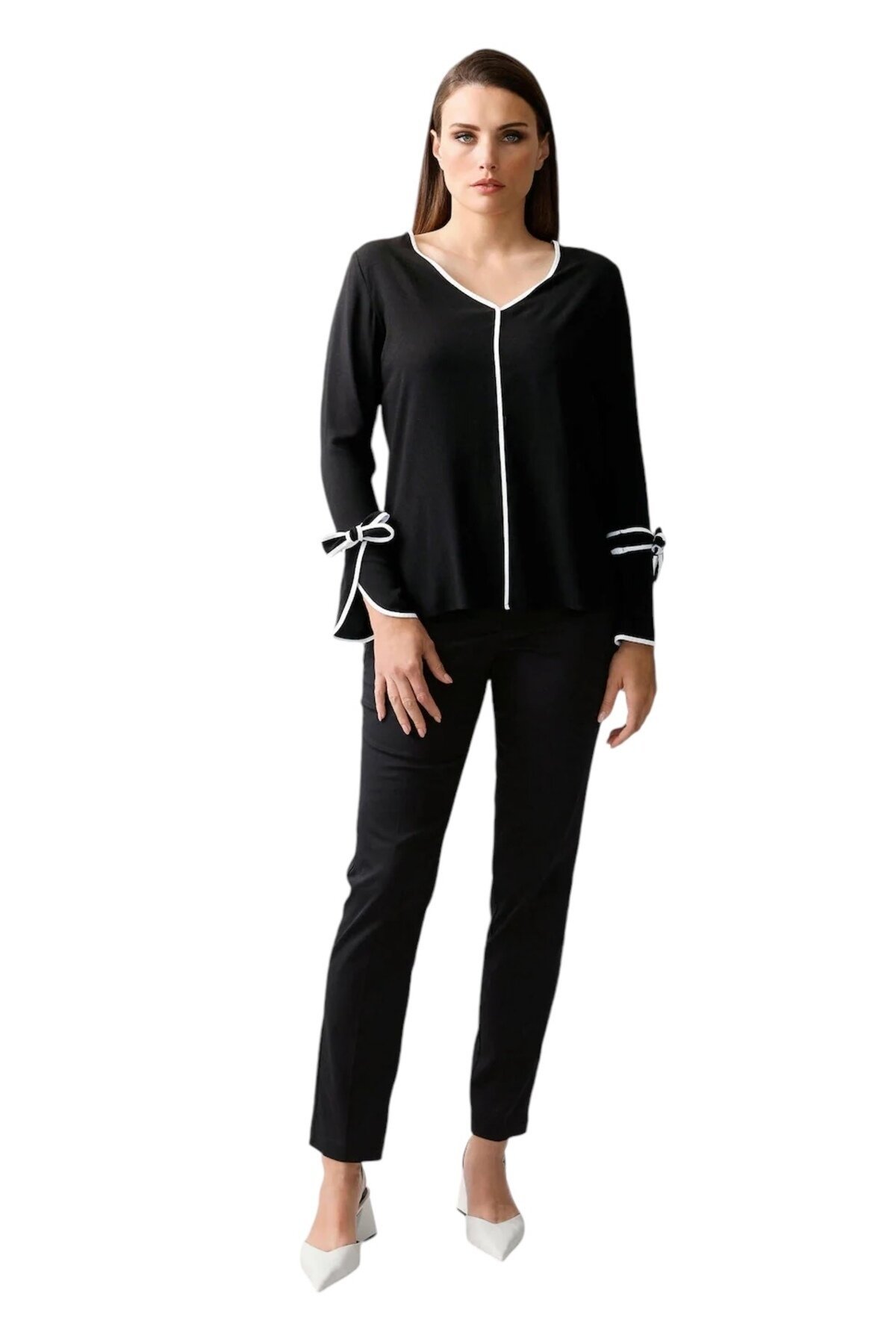 Kadın Kol Bağlamalı Beyaz Biyeli Spor Şık Curve Büyük Beden Viskon Tasarım Bluz