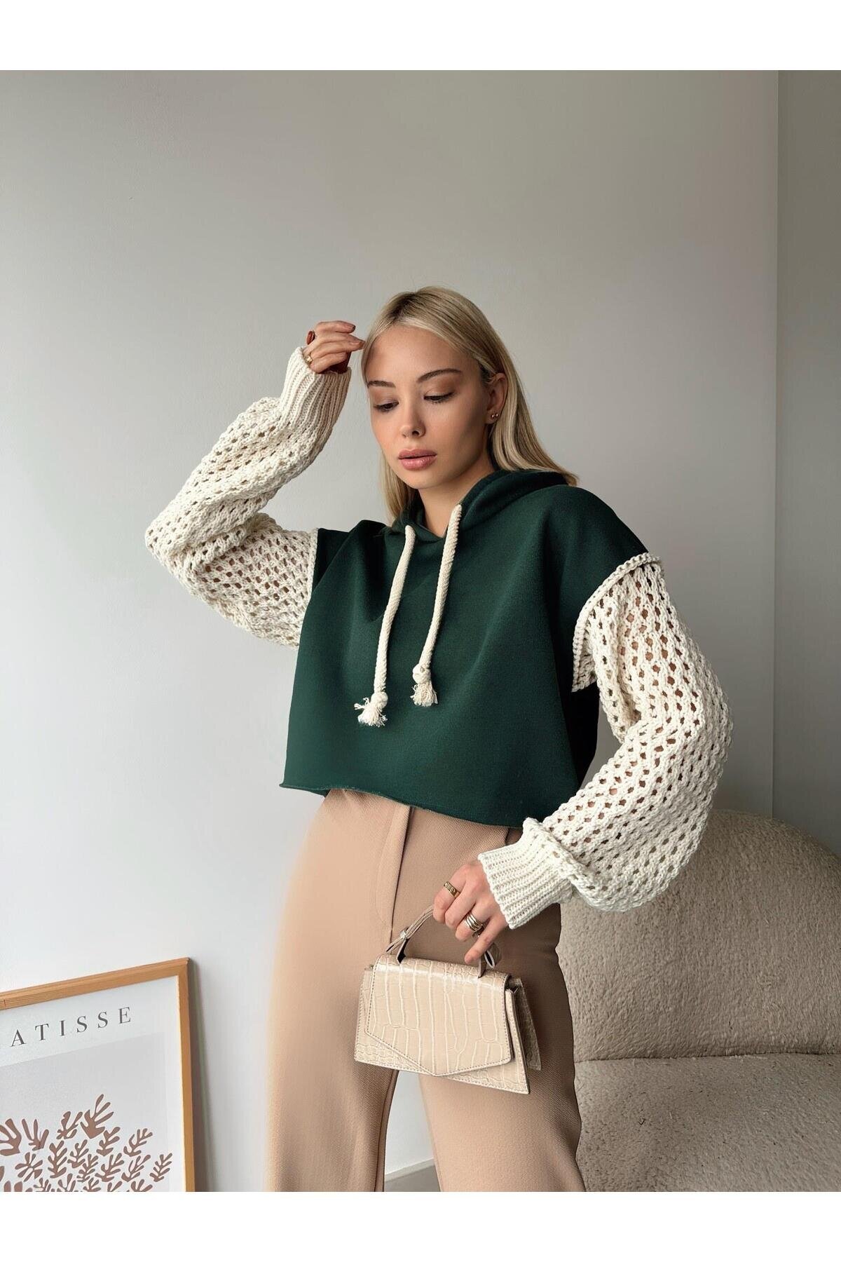 Kadın Kolları Örgü Triko Süper Şık Tasarım Oversize Crop Boy Yeşil Sweatshirt