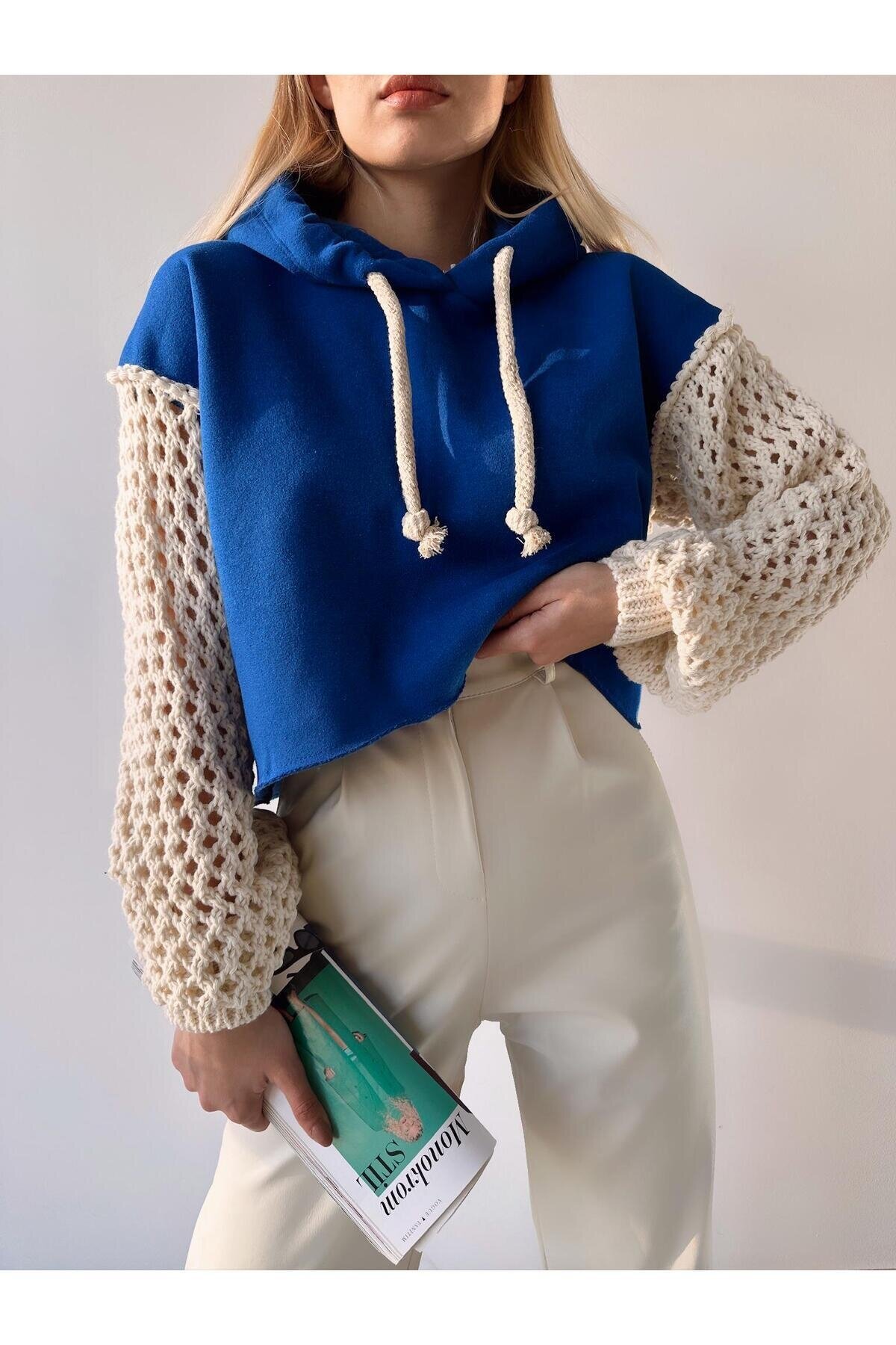 Kadın Kolları Örgü Triko Süper Şık Tasarım Oversize Crop Boy Saks Mavi Sweatshirt