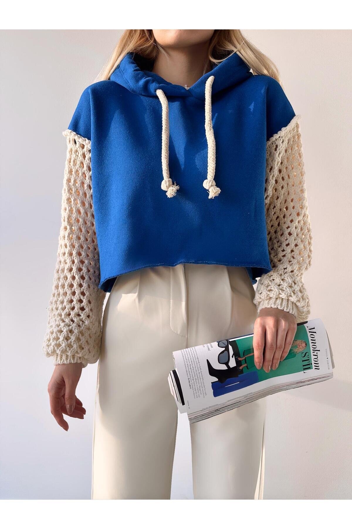 Kadın Kolları Örgü Triko Süper Şık Tasarım Oversize Crop Boy Saks Mavi Sweatshirt