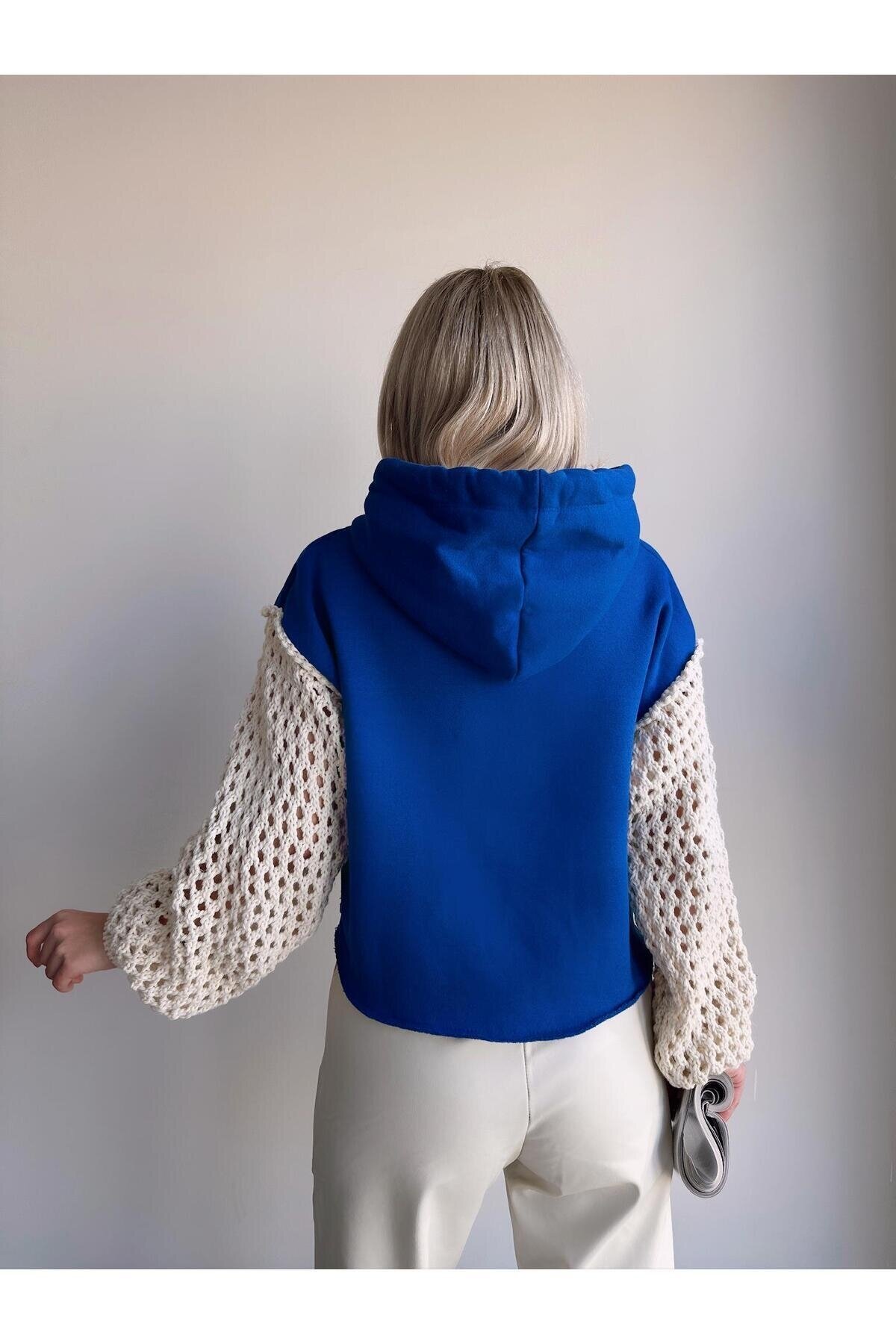 Kadın Kolları Triko Tasarım 3 İplik Uzun Kol Pamuk Crop Boy Şık Sweatshirt