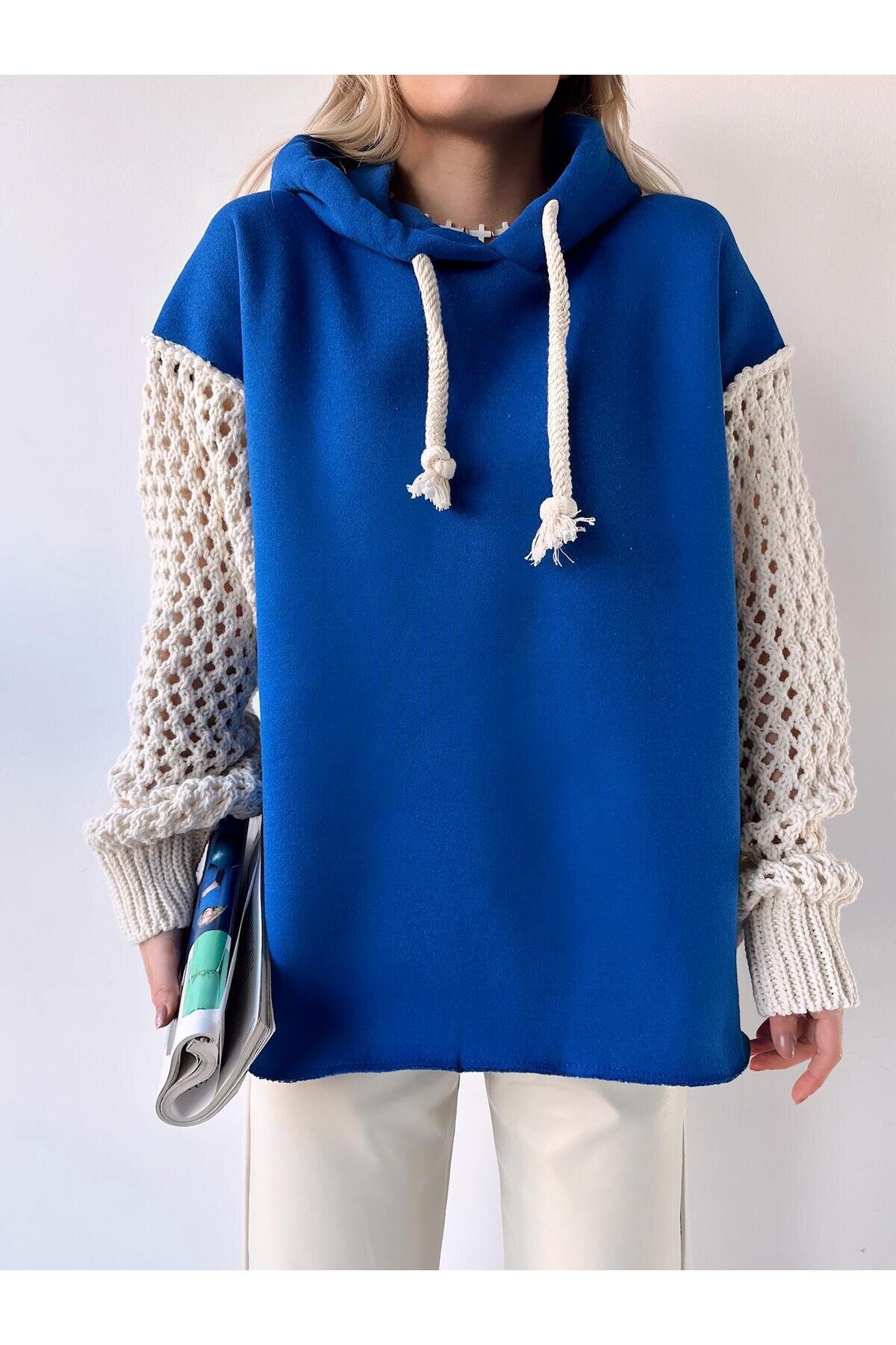 Kadın Kolları Triko Oversize Curve Tasarım Saks Mavi Sweatshirt