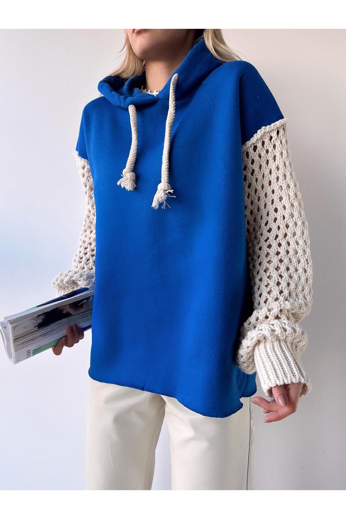 Kadın Kolları Triko Oversize Curve Tasarım Saks Mavi Sweatshirt