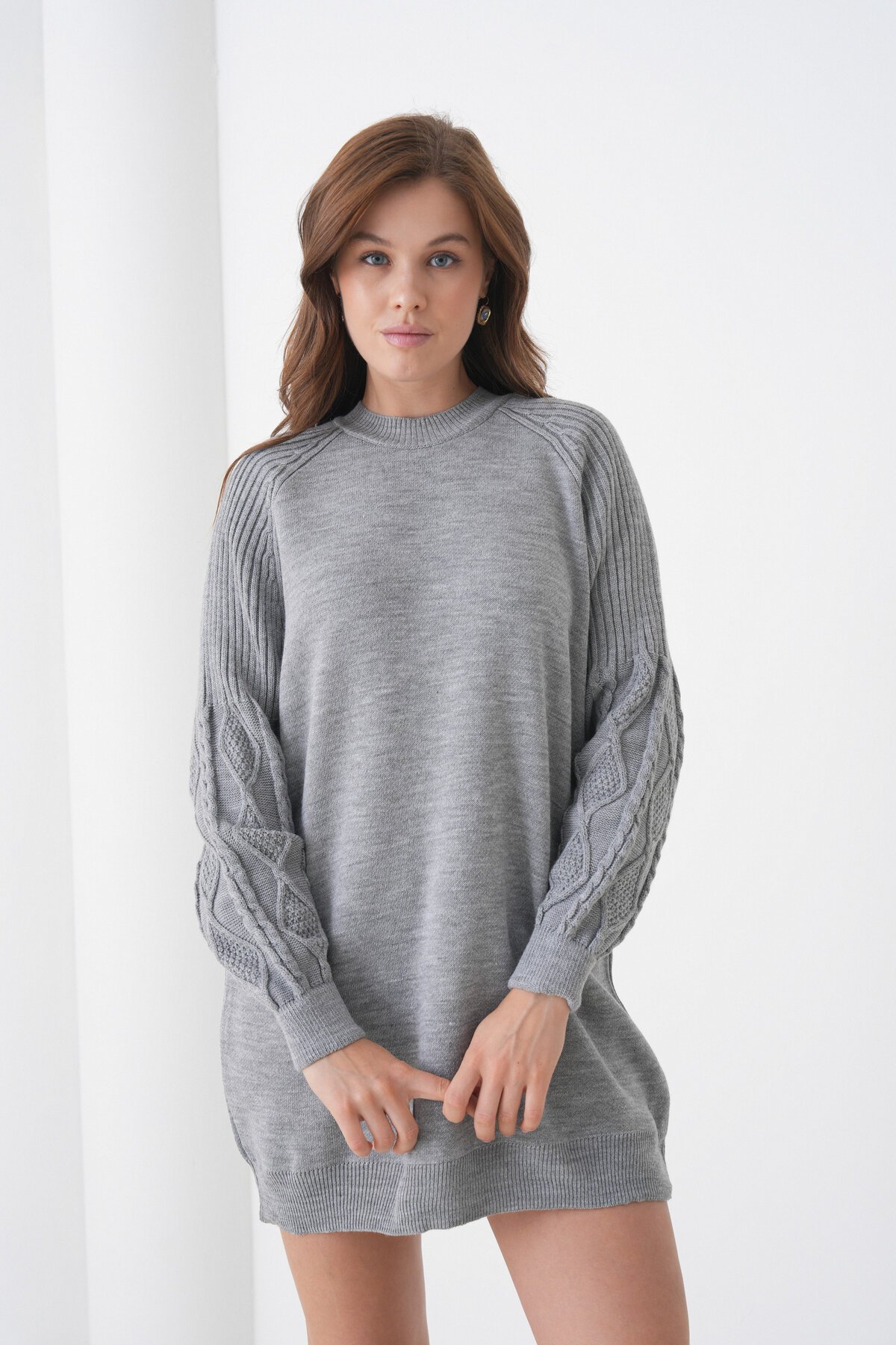 Kadın Kolları Uzun Kendinden Dokulu Bisiklet Yaka Tunik Boy Şık Kışlık Triko Kazak