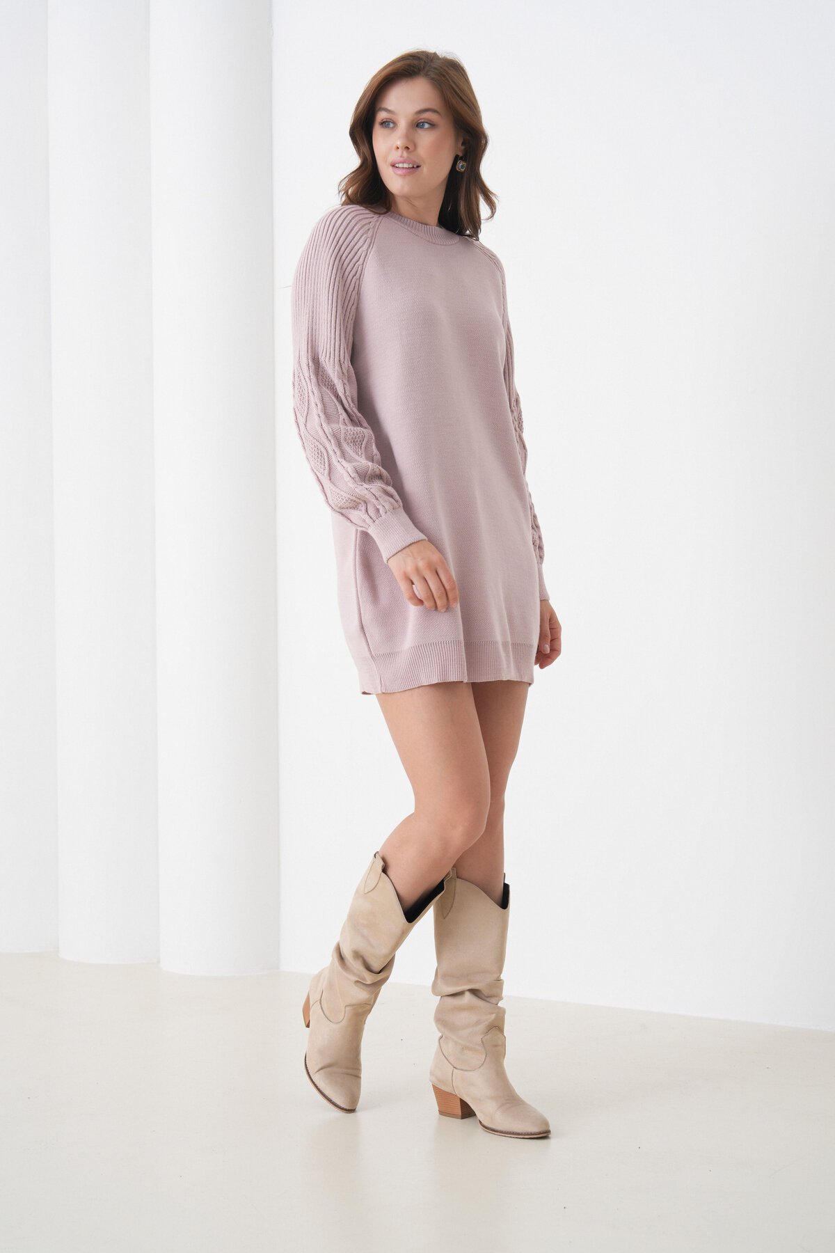 Kadın Kolları Uzun Kendinden Dokulu Bisiklet Yaka Tunik Boy Şık Kışlık Triko Kazak