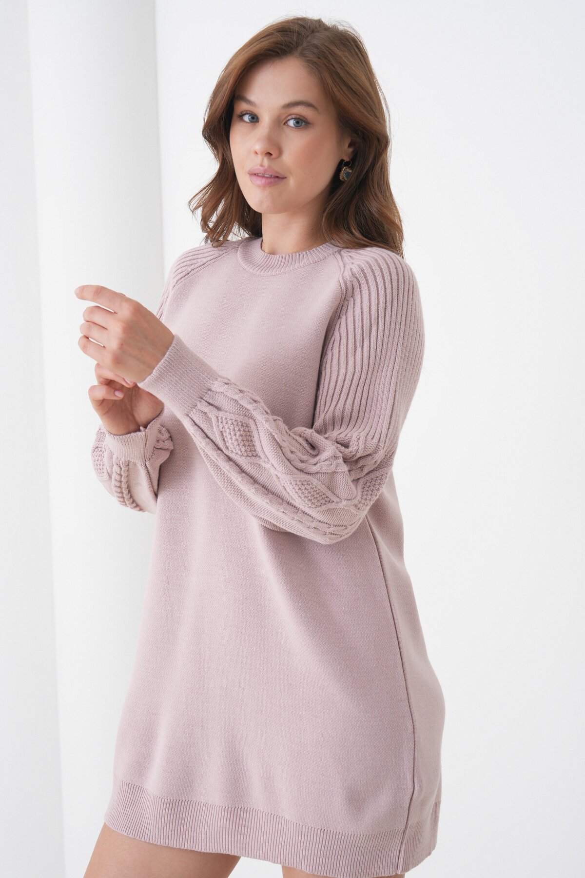 Kadın Kolları Uzun Kendinden Dokulu Bisiklet Yaka Tunik Boy Şık Kışlık Triko Kazak