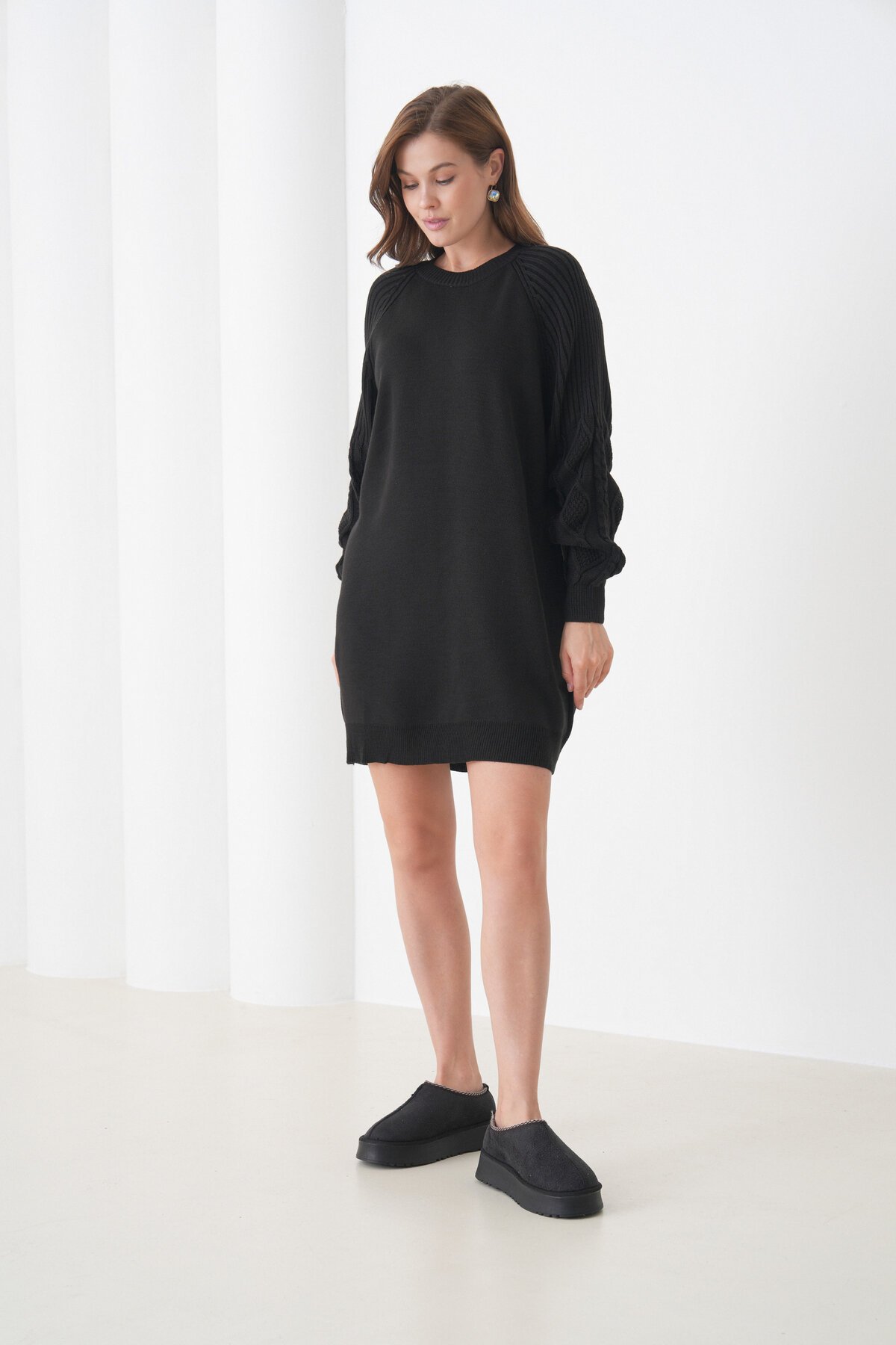 Kadın Kolları Uzun Kendinden Dokulu Bisiklet Yaka Tunik Boy Şık Kışlık Triko Kazak