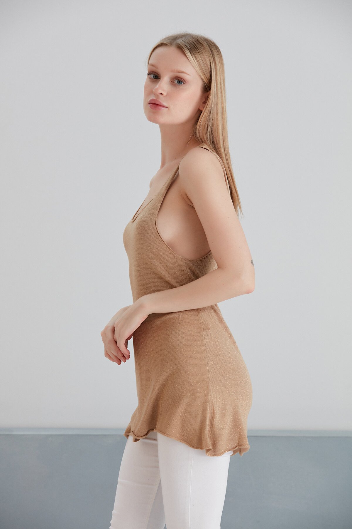 Kadın Kolsuz Simli Yazlık Spor Şık Curve Triko Bluz