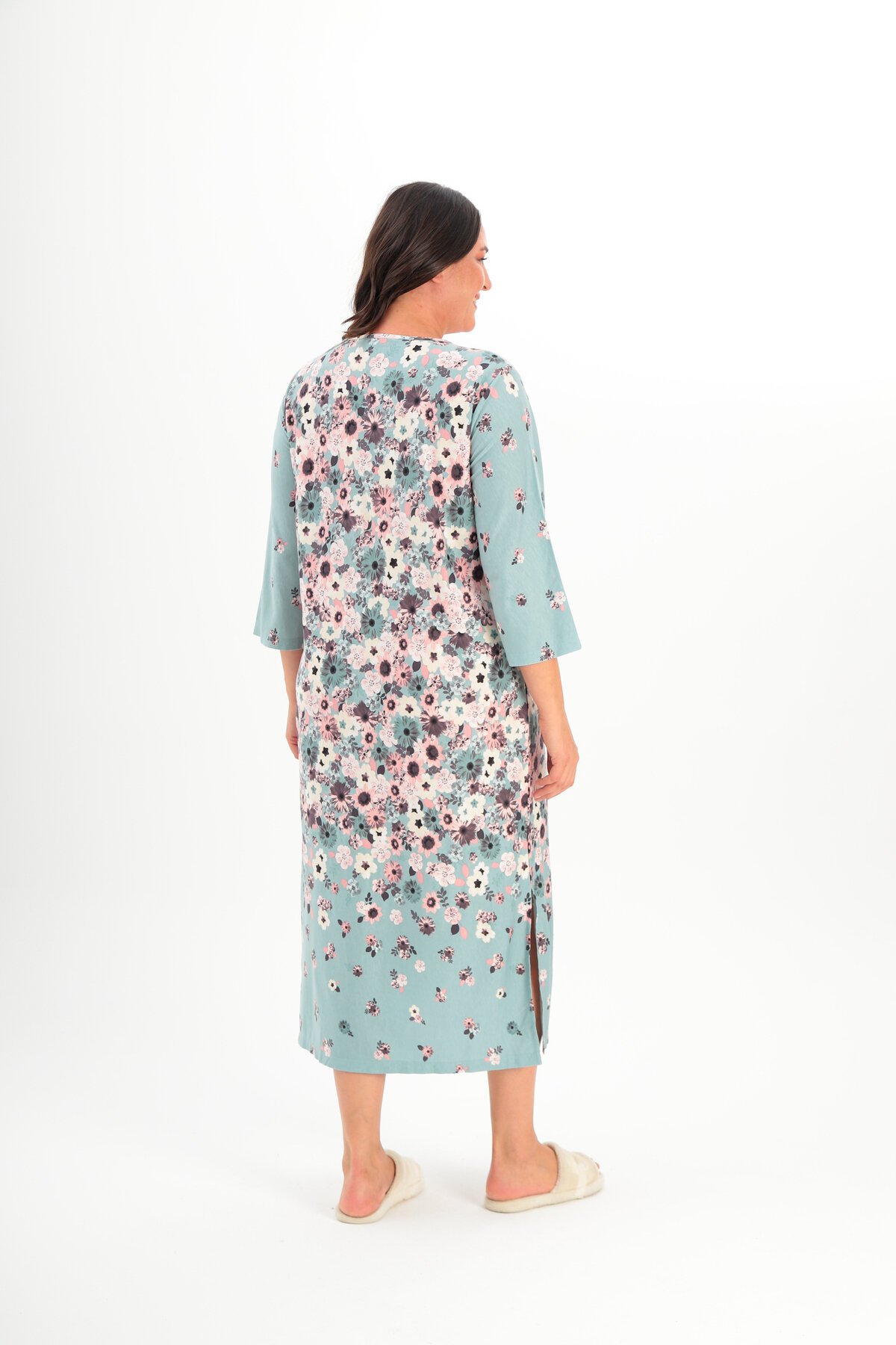 Kadın Kruvaze Yaka Rahat Kesim Truvakar Kol Desenli Viskon Günlük Midi Büyük Beden Elbise Gecelik