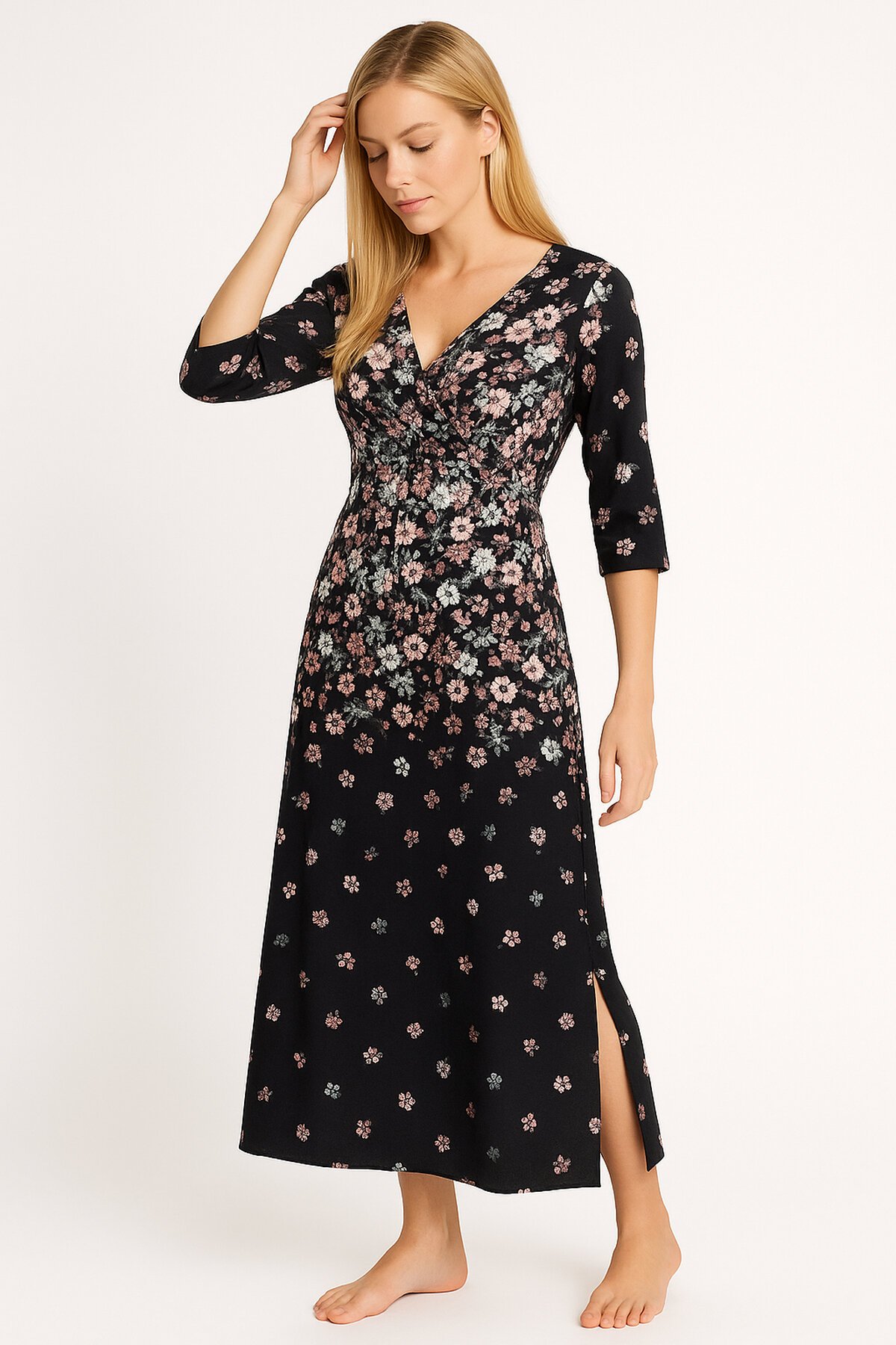 Kadın Kruvaze Yaka Rahat Kesim Truvakar Kol Desenli Viskon Günlük Midi Büyük Beden Elbise Gecelik