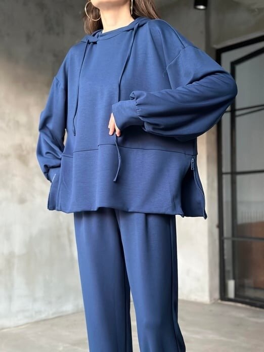 Kadın Oversize Fermuarlı Kapüşonlu Sweatshirt Pileli Paça Tesettüre Uygun Spor Şık Eşofman Takımı