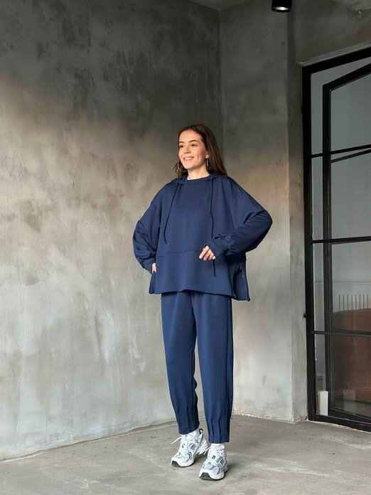 Kadın Oversize Fermuarlı Kapüşonlu Sweatshirt Pileli Paça Tesettüre Uygun Spor Şık Eşofman Takımı