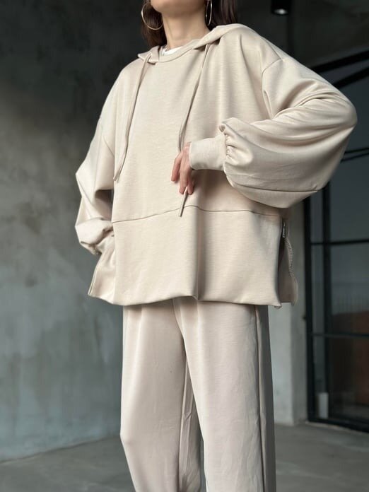 Kadın Oversize Fermuarlı Kapüşonlu Sweatshirt Pileli Paça Tesettüre Uygun Spor Şık Eşofman Takımı