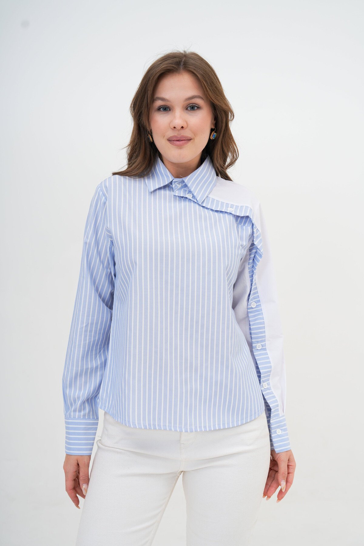 Kadın Özel Tasarım Yaka Kol Düğmeli Çizgi Garnili Bluz Boy  Pamuk Gömlek