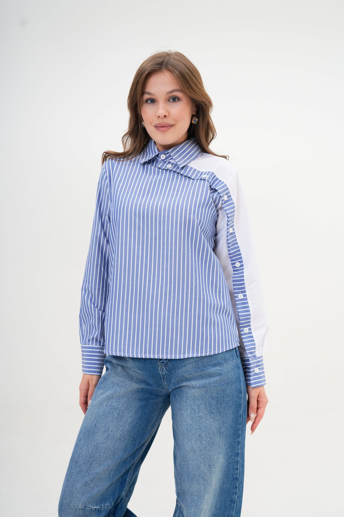 Kadın Özel Tasarım Yaka Kol Düğmeli Çizgi Garnili Bluz Boy  Pamuk Gömlek