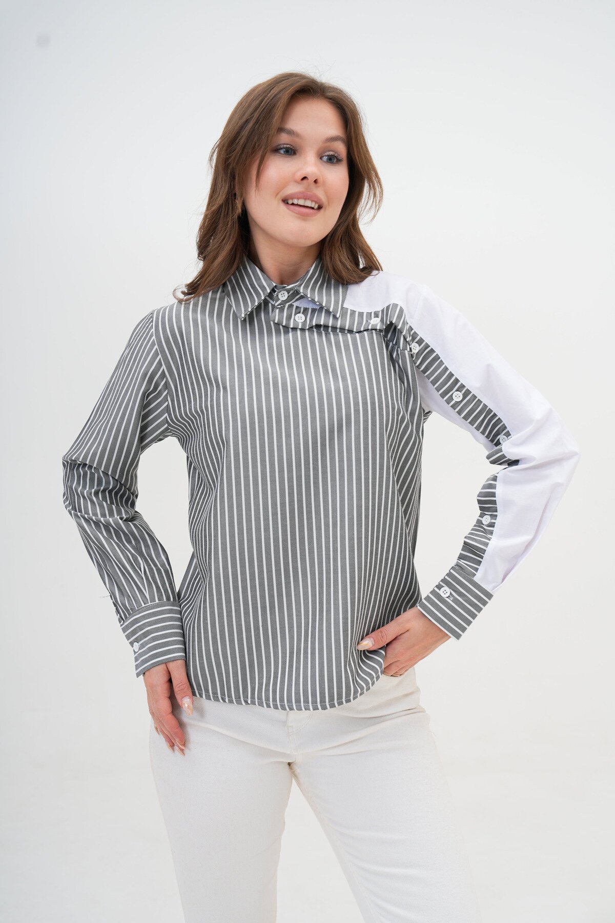 Kadın Özel Tasarım Yaka Kol Düğmeli Çizgi Garnili Bluz Boy  Pamuk Gömlek