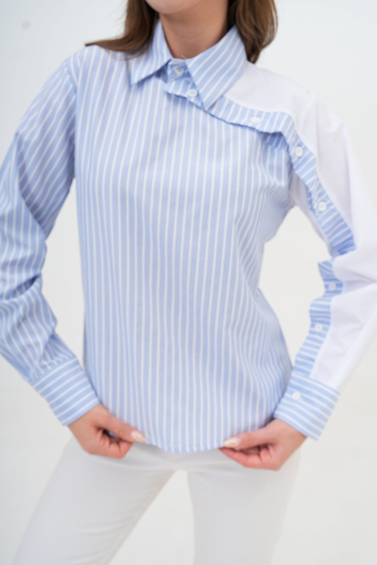 Kadın Özel Tasarım Yaka Kol Düğmeli Çizgi Garnili Bluz Boy  Pamuk Gömlek