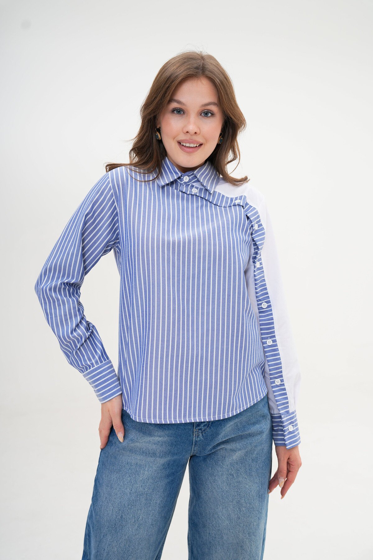 Kadın Özel Tasarım Yaka Kol Düğmeli Çizgi Garnili Bluz Boy  Pamuk Gömlek