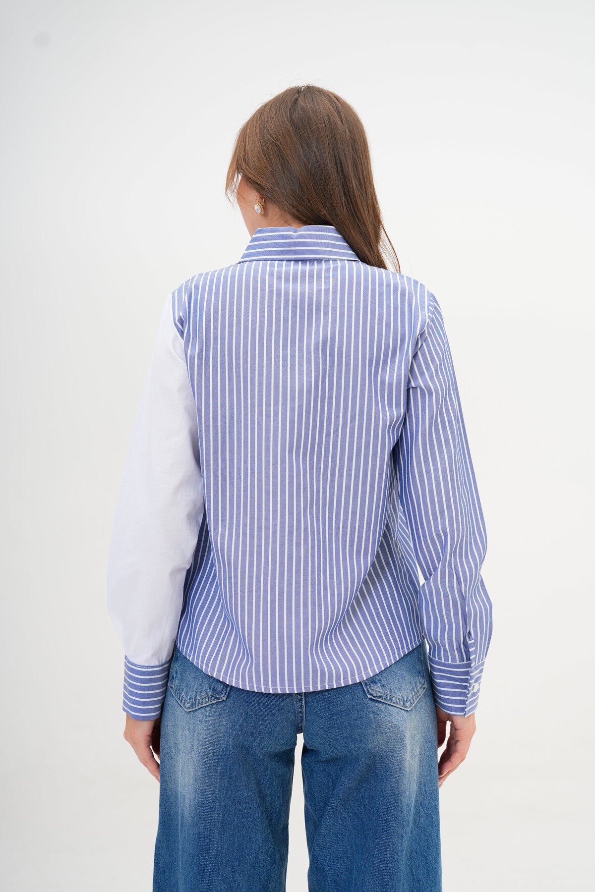 Kadın Özel Tasarım Yaka Kol Düğmeli Çizgi Garnili Bluz Boy  Pamuk Gömlek