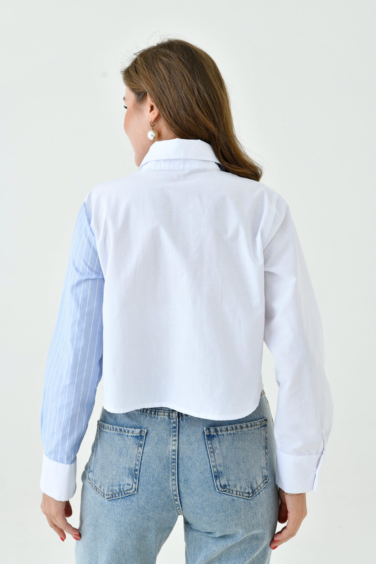 Kadın Özel Tasarım Yaka Kol Düğmeli Çizgi Garnili Crop Boy Bluz Gömlek