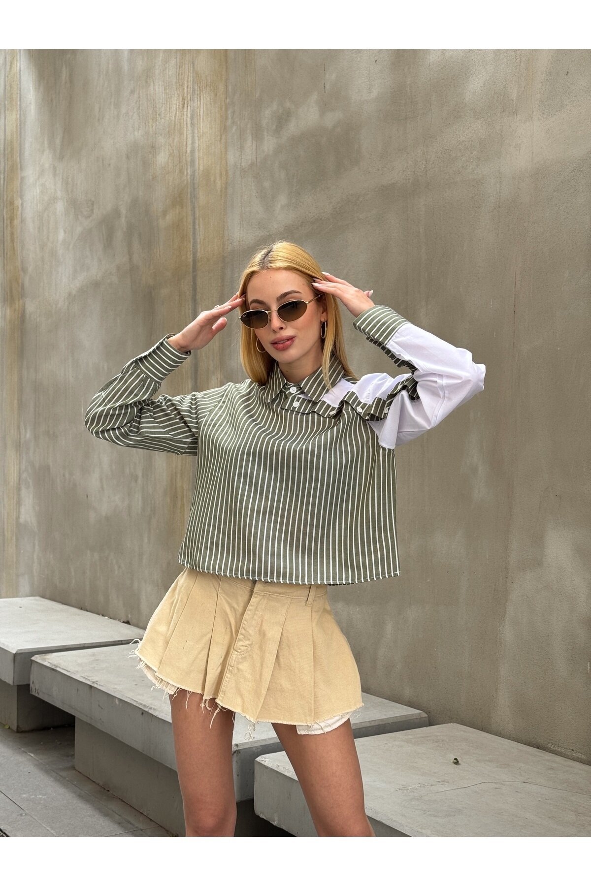 Kadın Özel Tasarım Yaka Koldan Giymeli Düğmeli Çizgi Garnili Crop Boy Tesettüre Uygun Bluz Gömlek