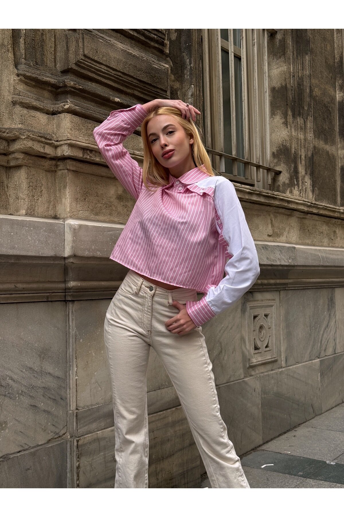 Kadın Özel Tasarım Yaka Kol Düğmeli Çizgi Garnili Crop Boy Tesettüre Uygun Bluz Gömlek