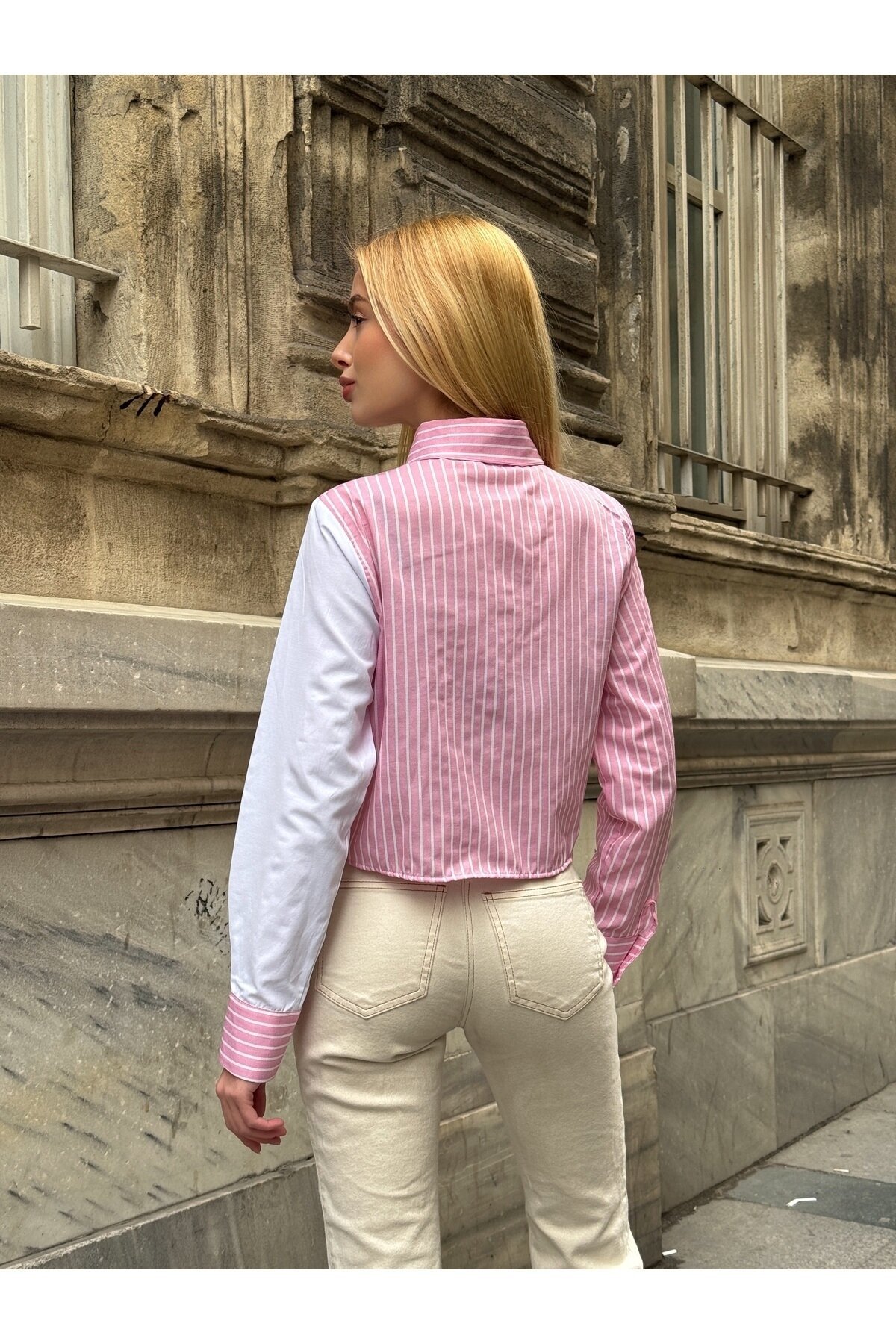 Kadın Özel Tasarım Yaka Koldan Giymeli Düğmeli Çizgi Garnili Crop Boy Tesettüre Uygun Bluz Gömlek