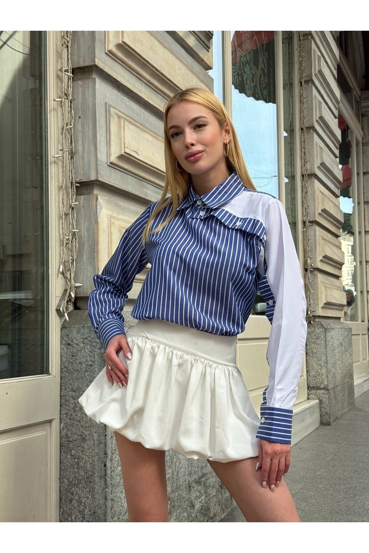 Kadın Özel Tasarım Yaka Kol Düğmeli Çizgili Garnili Bluz Boy Pamuk Curve Şık Gömlek