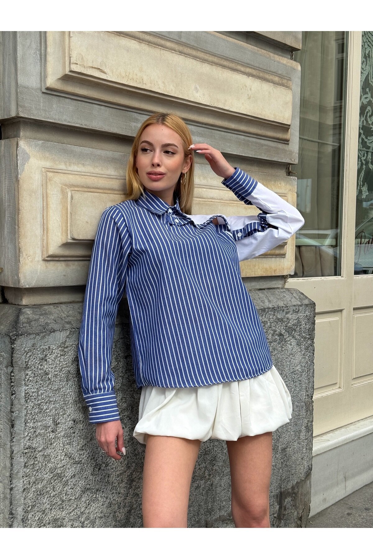 Kadın Özel Tasarım Yaka Kol Düğmeli Çizgili Garnili Bluz Boy Pamuk Curve Şık Gömlek